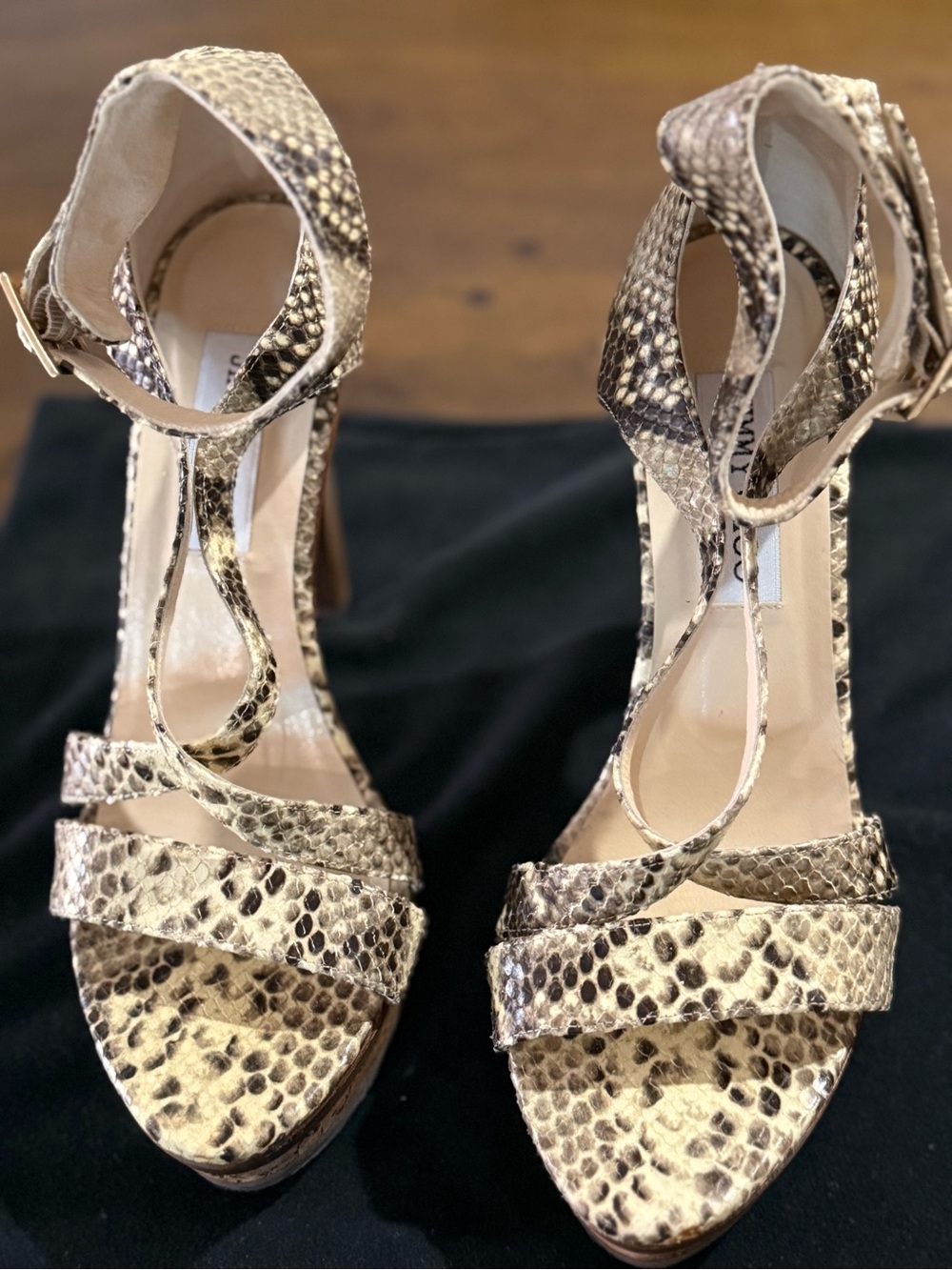 Jimmy Choo Gold-Tone Snake-Print Strappy High Heel Sandals